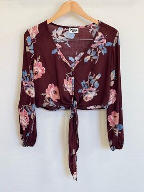 Show Me Your Mumu Tatum Tie Top Burgundy Floral Crop Long Sleeve Size Small
